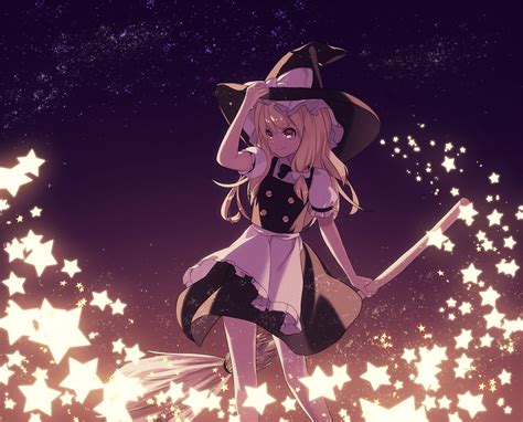 Blonde Hair Bow Dress Haruwakame Hat Kirisame Marisa Long Hair Night Stars Touhou Witch Yellow