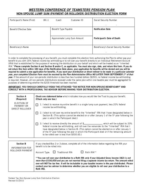 Fillable Online NON SPOUSE LUMP SUM PAYMENT OR ROLLOVER DISTRIBUTION