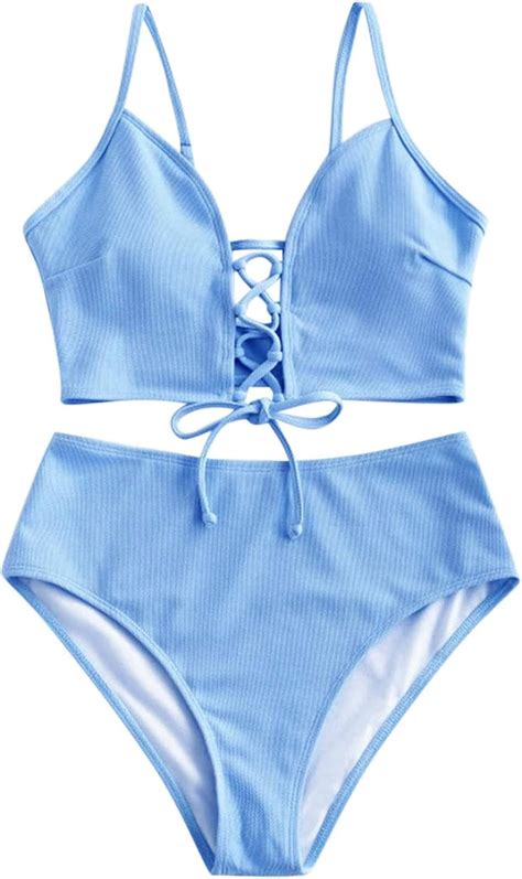 Mingtu Damen Schnürung Bikini Set Hohe Taille Zweiteiliges Badeanzug