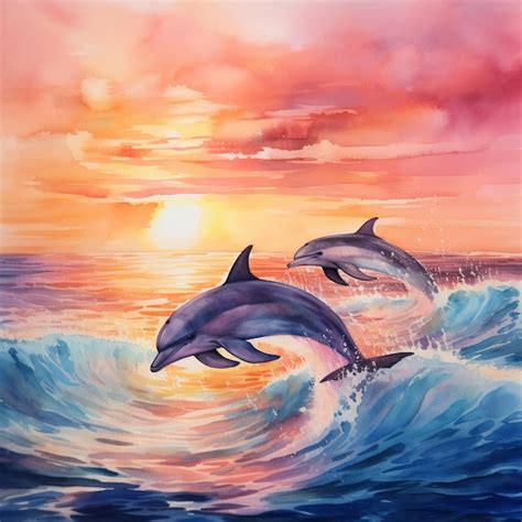 Painting Of Two Dolphins Jumping Out Of The Water At Sunset Generative