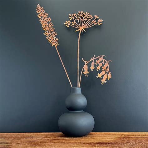 Rusty Fern Cow Parsley And English Bluebell Set Metal Bouquet Rusted