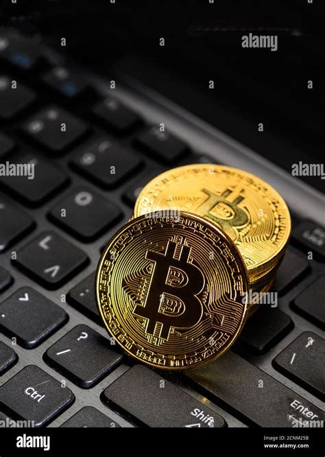 Bitcoin Btc Crypto Currency Gold Bit Coin On Computer Lptop