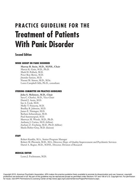 PRACTICE GUIDELINE For The Treatment Of Patients With Panic Disorder