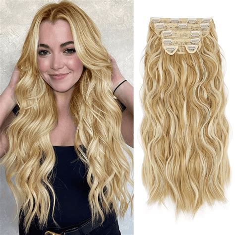 Morica Clip In Hair Extensions For Women 20 Inch Long Wavy Curly Blonde Mix Bleach Blonde Hair