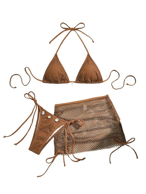 Shenhe Women S Piece Bikini Set Shell Decor Halter Bra And Bottom With Cover Up Skirt Fishnet