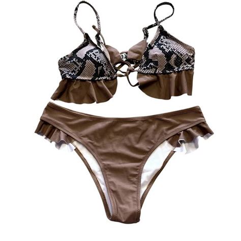 Unbranded Swim Nwot Brown Ruffle Snakeprint Bikini Medium Poshmark