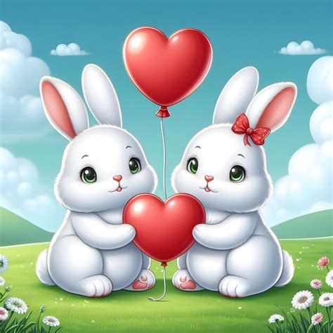 Premium Photo Cute Cartoon Rabbits With Hearts And Flowers Vector