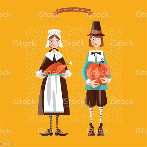 Pilgrim Couple Thanksgiving Card Stock Illustration Download Image