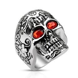 Bague homme acier massif tête de mort yeux zircon rouge gothique biker