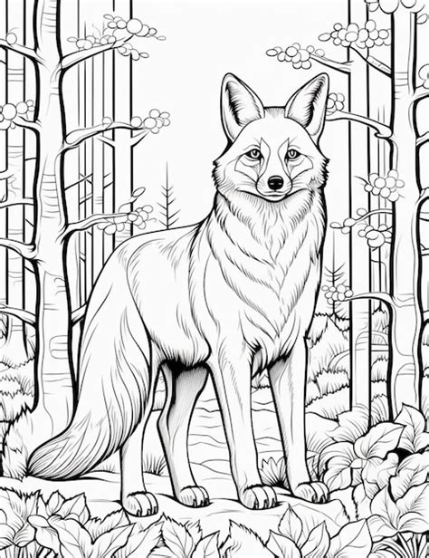 Uma página para colorir de um lobo na floresta flores generativas