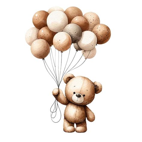 Watercolor Teddy Bear Clipart With Balloons Digital Png For Baby Shower