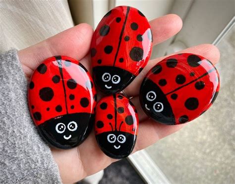 Set Of 4 Hand Painted Rocks Ladybug And Bee Rocks Acrylic Painting