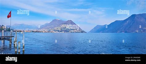 Panorama Of Blue Surface Of Lake Lugano Monte Bre Monte Boglia Monte