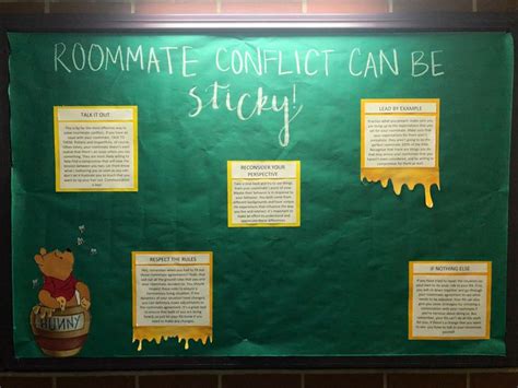 Bulletin Board With Dark Green Backing Paper Titled “roommate Conflict Can Be Sticky” Provides