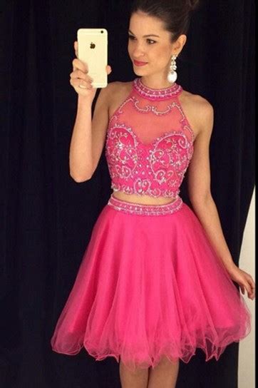 Lovely Ball Halter Two Piece Short Hot Pink Tulle Beaded Prom Dress