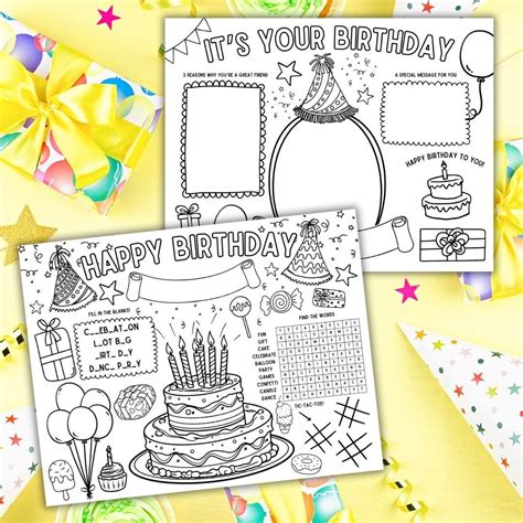 Birthday Activity Placemat Printable Birthday Activity Sheet Birthday