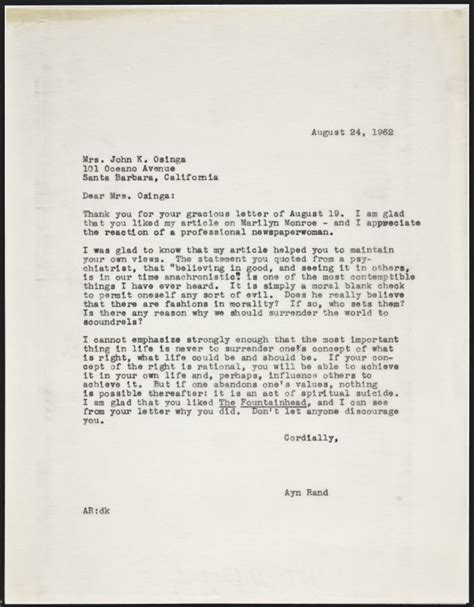 To Mrs John K Osinga A Fan Letter 492 AynRand Org