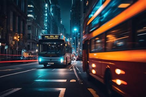 premium photo bus   street  night   york city toned image