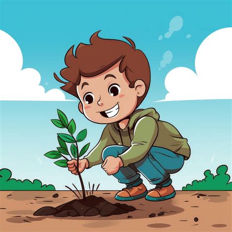 Premium AI Image Boy Planting A Tree Cartoon Colored