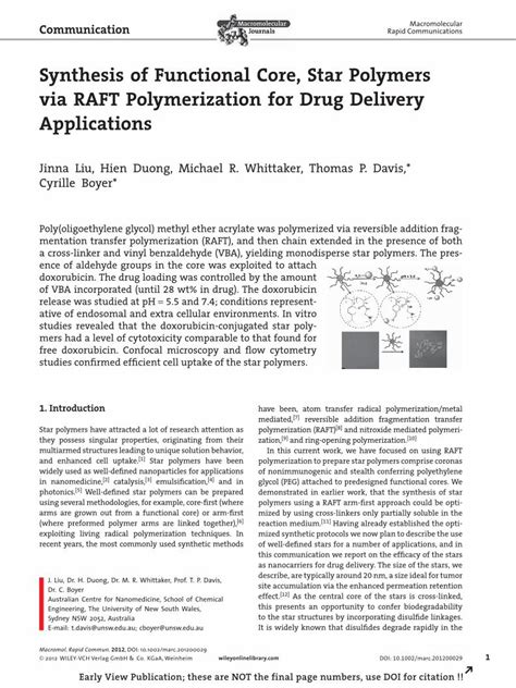 Pdf Synthesis Of Functional Core Star Polymers Via Raft