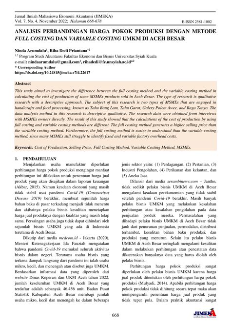 Pdf Analisis Perbandingan Harga Pokok Produksi Dengan Metode Full Costing Dan Variable Costing