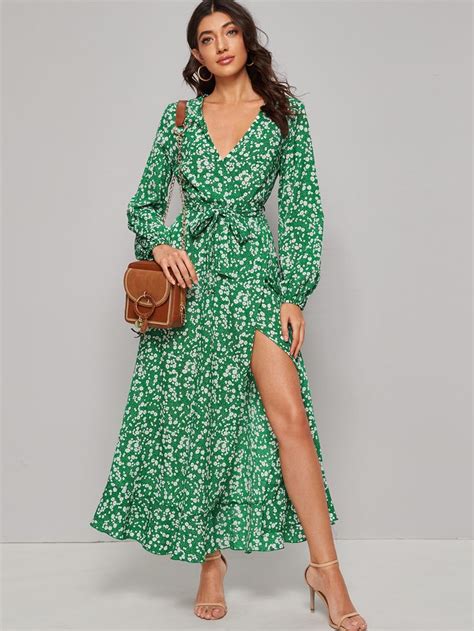 Ruffle Hem Wrap Belted Ditsy Floral Print Dress