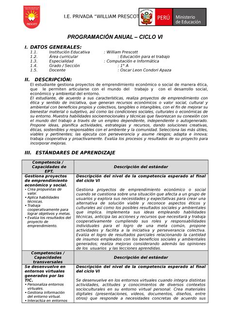 Programacion Anual 1 Ept Computacion ProgramaciÓn Anual Ciclo Vi I