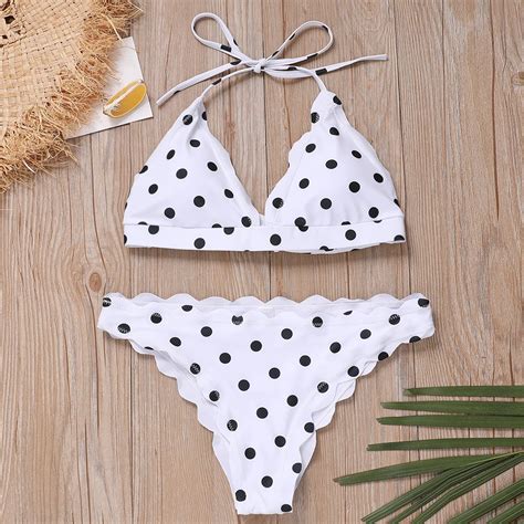 Women Push Up Padded Bra Swimwear Polka Dot Bandage Bikini Set White