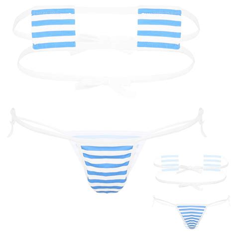 Damen Anime Japanische Micro Mini Bikini Badeanzug Cosplay Stripe Bra