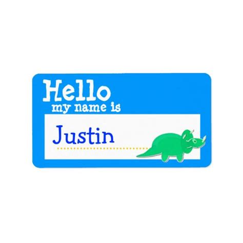 Green Triceratops Hello My Name is Badge Blue Label | Zazzle