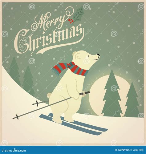 Beautiful Retro Christmas Card With Polar Bear Stock Vector