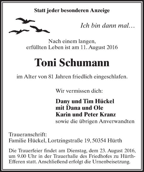 Traueranzeigen Von Toni Schumann Wirtrauern