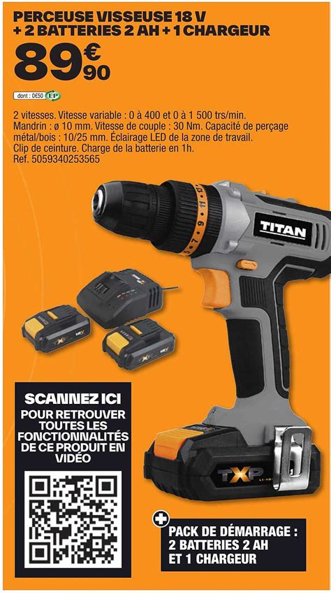 Promo Perceuse Visseuse V Batteries Ah Chargeur Titan Chez