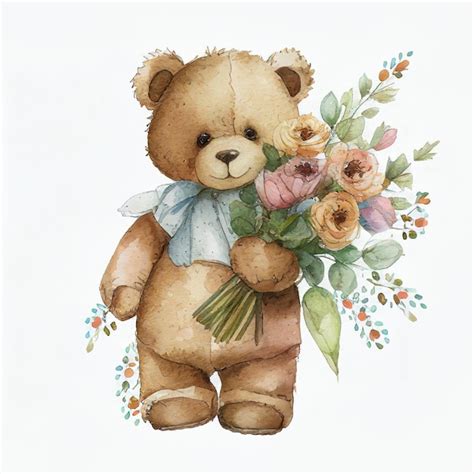 Dessin D Ours En Peluche Tenant Un Bouquet De Fleurs Sur Fond Blanc