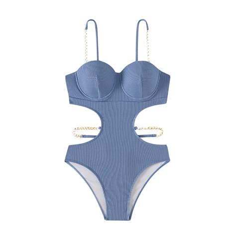 Youyipin Womens Swimsuits Sexy Cutout Metal Chain Strap Bikini Set Ribbed One Piece Swimsuit