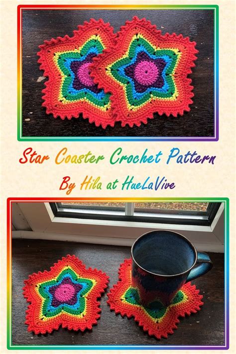 Crochet Star Coasters Are Shown In Three Different Colors