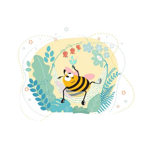 Cartoon Bumblebee In A Hammockdrinking Nectar Character Honey Bee