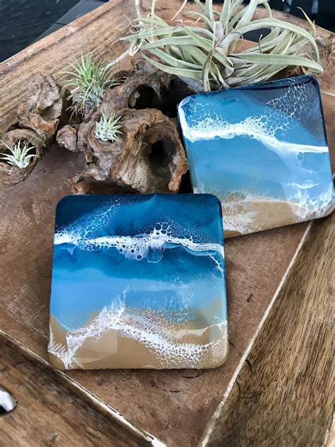 Beach Resin Coasters Coastal Wood Resin Ocean Wave Bar Cart Items