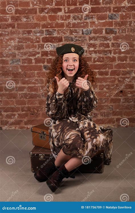 Red Haired Girl In Military Uniform Smiles Stock Image Image Of Park