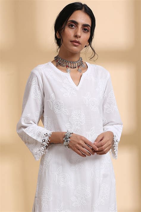 Buy White Handcrafted Straight Cotton Kurta White Kurta For Women Farida Gupta