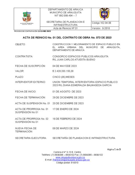 ACTA Reinicio Nº1 OBRA 073 2023 PROCESO DE CONTRATACIÓN LI OJ 002