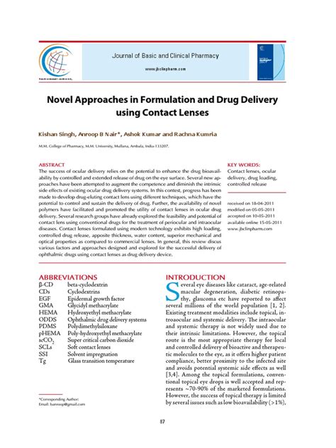 Novel Approaches In Formulation And Drug Delivery Using Contact Lenses Pdf Contact Lens Gel