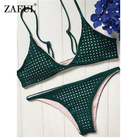 Zaful Laser Cutwork Bikini Set 2017 Dark Green Mesh Bikinis Women Swimsuit Swimwear Sexy Bandage