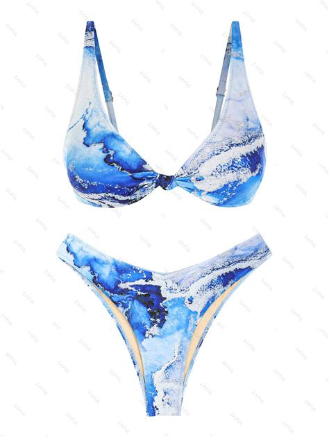 Zaful Knotted High Leg Abstract Printed Cheeky Bikini Swimwear In Blue