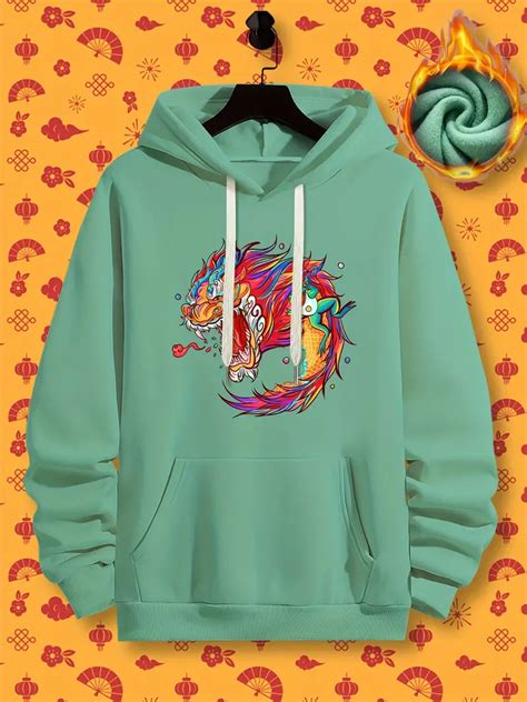 Dragon Print Kangaroo Pocket Hoodie Casual Long Sleeve Temu Australia