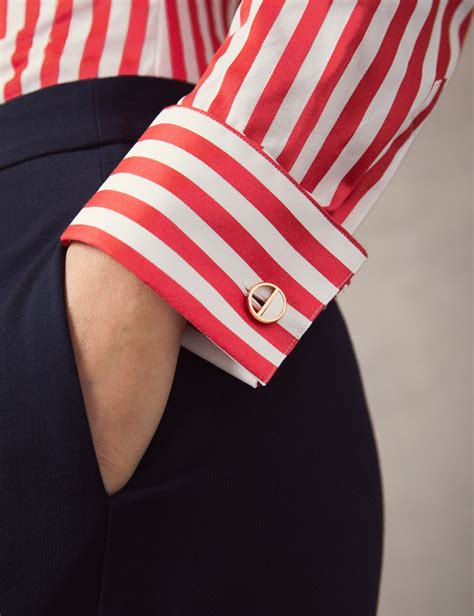 Womens Red White Bengal Stripe Fitted Shirt Double Cuff Hawes