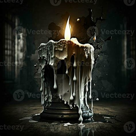 White Wax Candle Burning Dripping Flowing In Black Or Dark Light Fire