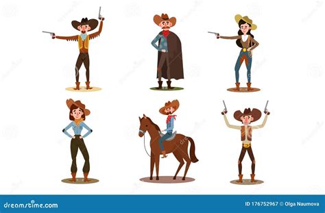 Set of Cowboys and Cowgirls in Different Poses. Vector Illustration in ...