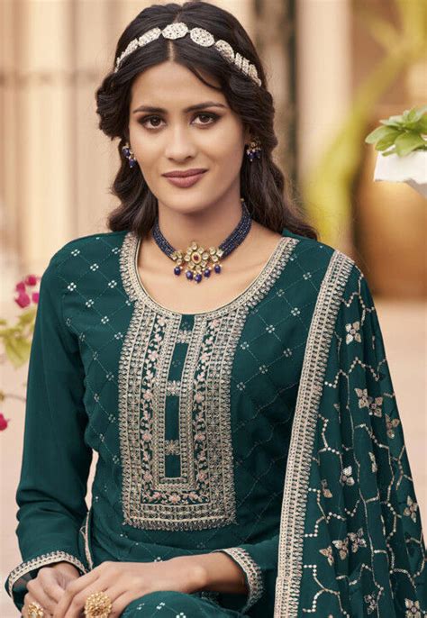 Buy Embroidered Georgette Pakistani Suit In Teal Green Online