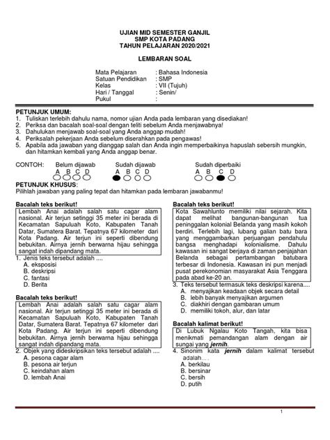 Ujian Mid Semester Ganjil Smp Kota Padang Tahun Pelajaran 2020 2021 Lembaran Soal Mata